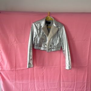 Bcbg maxazria silver metallic faux fur lined jacket